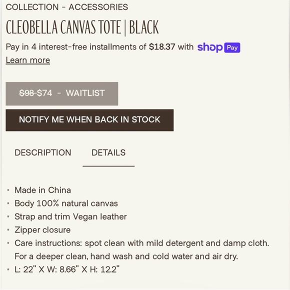 NEW CLEOBELLA Large Canvas Tote in Black with Vegan leather trim fabfitfun box - Picture 8 of 8